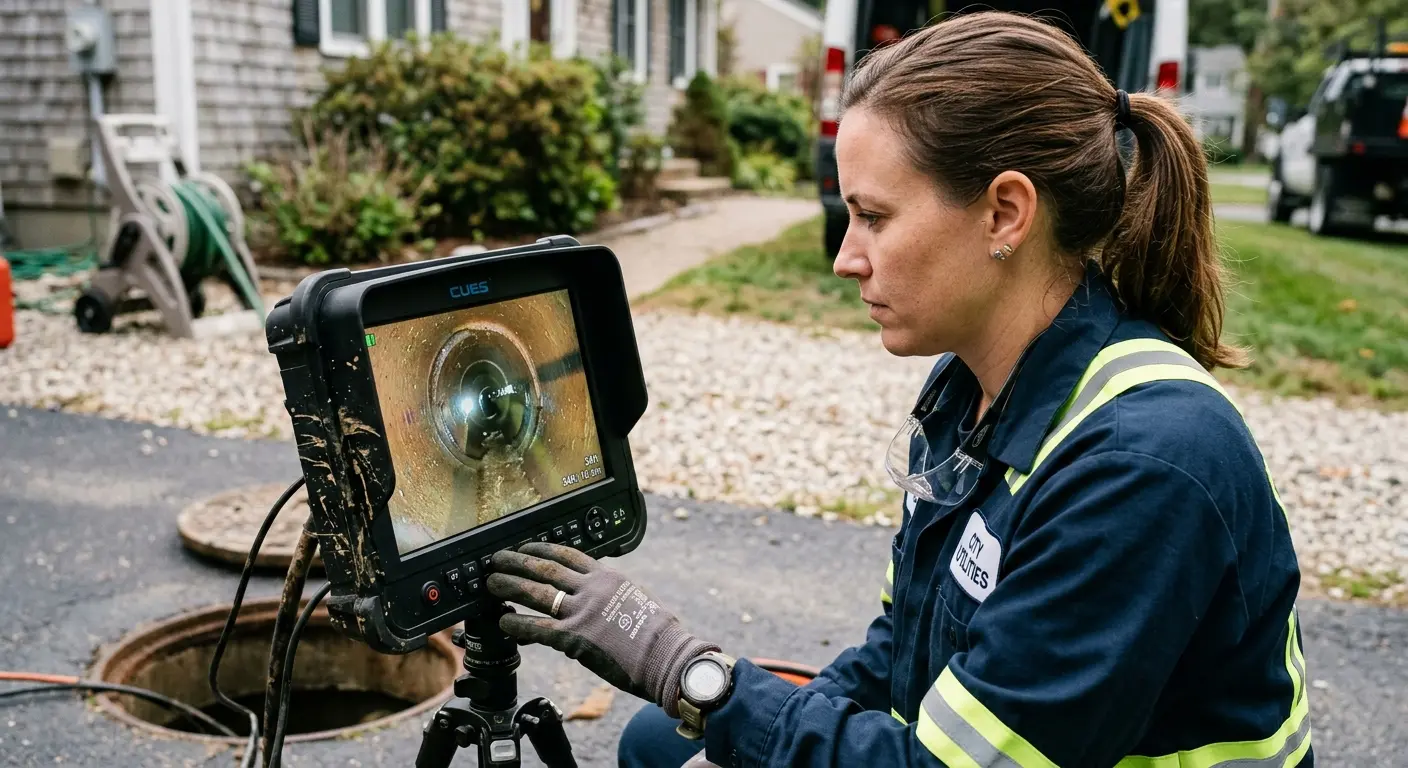 Technician reviewing sewer camera inspection footage in Lynbrook