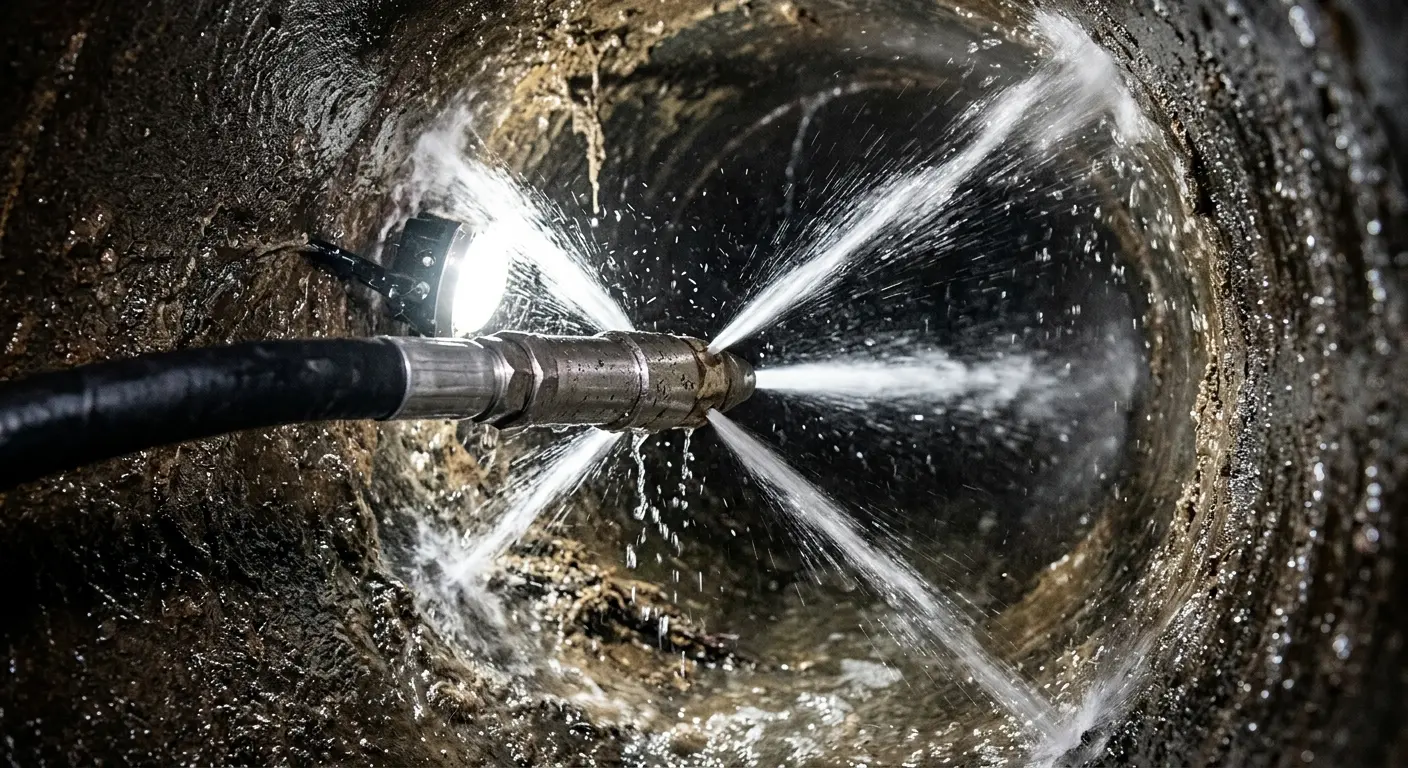 High-pressure hydro jetting nozzle cleaning sewer pipe for Emergency Drain Service in Lynbrook