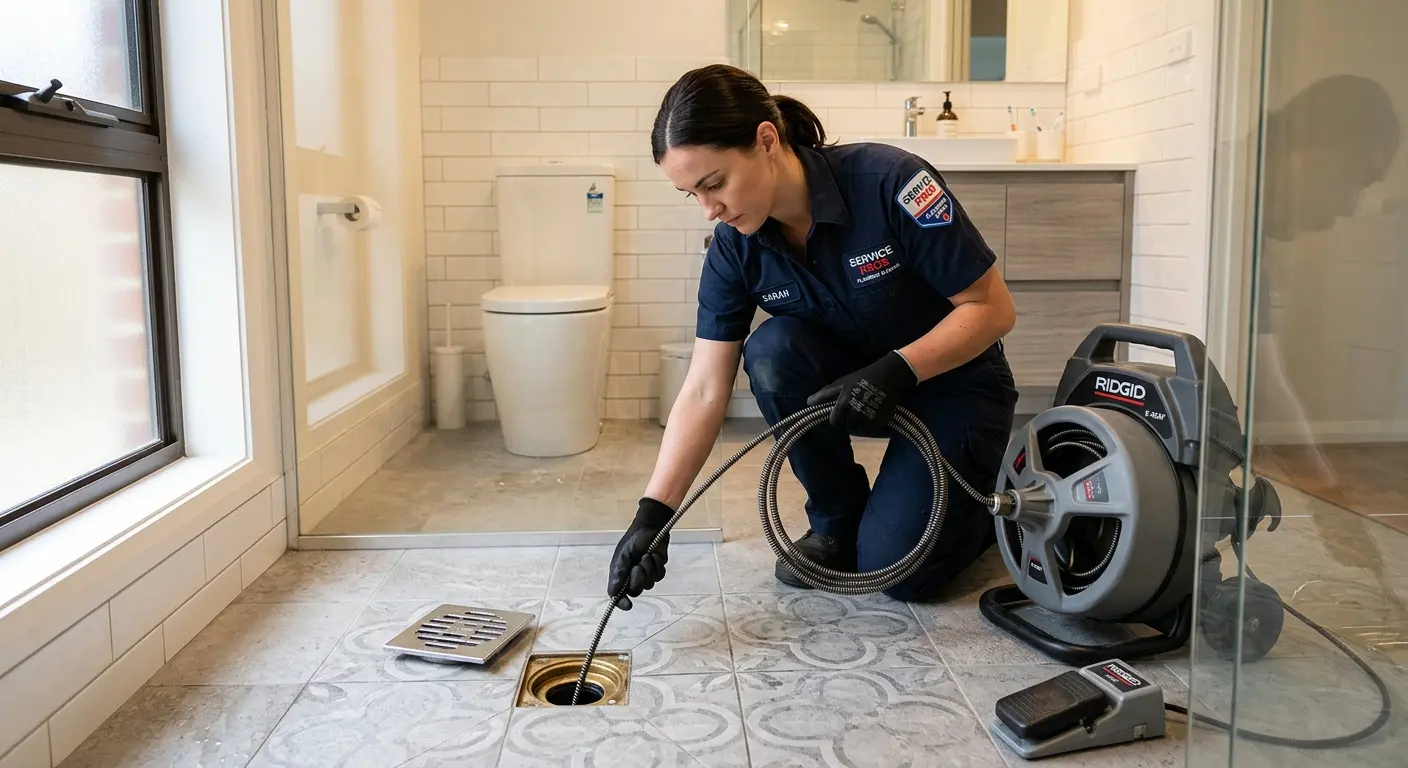 Technician clearing a bathroom floor drain for Clogged Drain Repair in Lynbrook